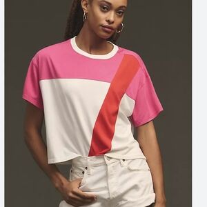 Maeve Anthropologie Colorblock Top Pink White Geometric Short Sleeve